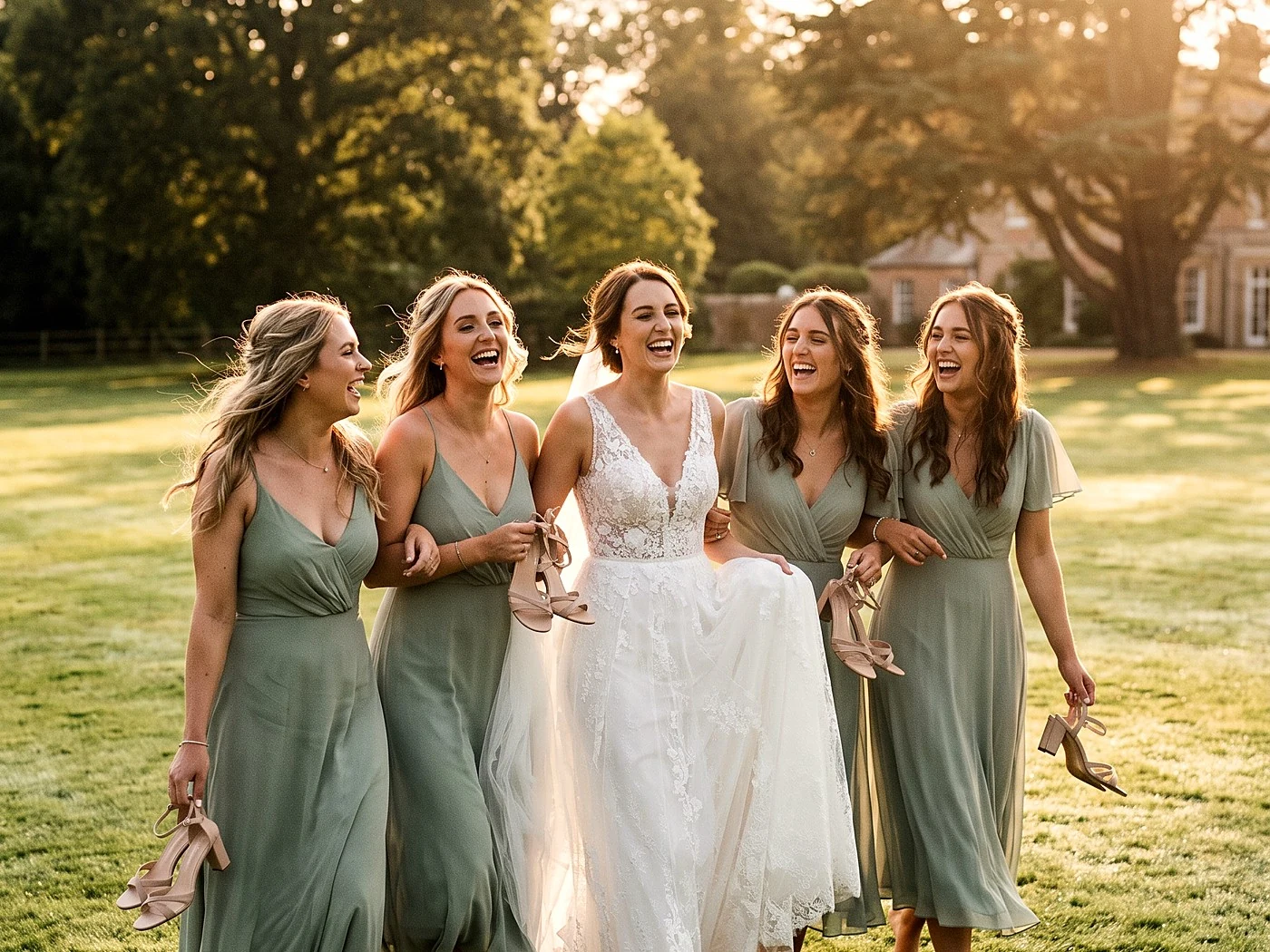 A bride and four bridesmaids in sage running barefoot across a lawn holding their heels, all laughing.