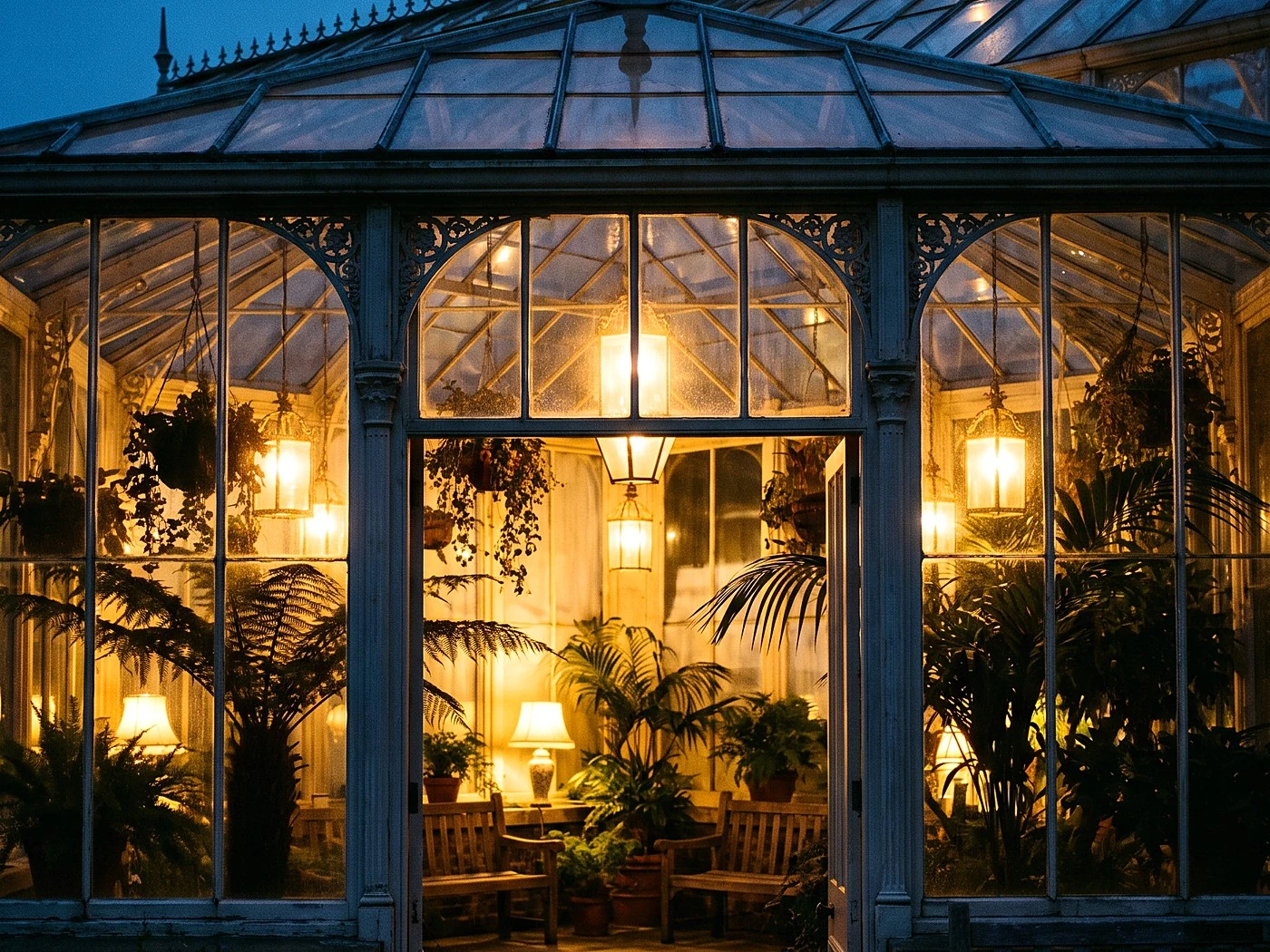 A Victorian glasshouse conservatory at dusk lit warm from inside, plants silhouetted.