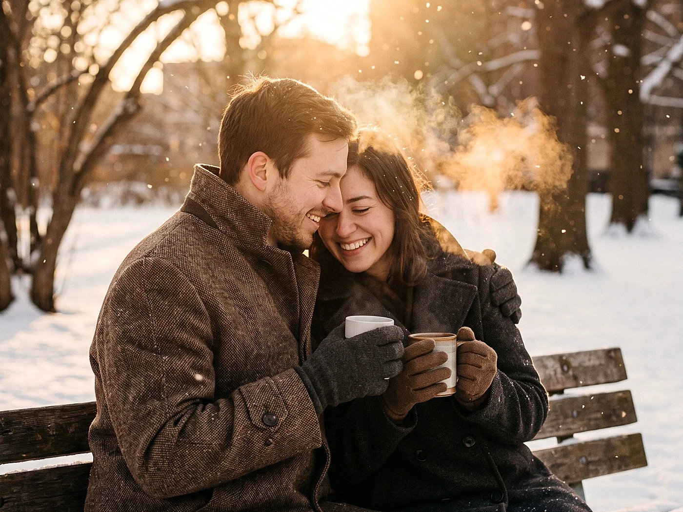 A couple in wool coats sharing cocoa on a snowy park bench, breath visible, flakes falling.