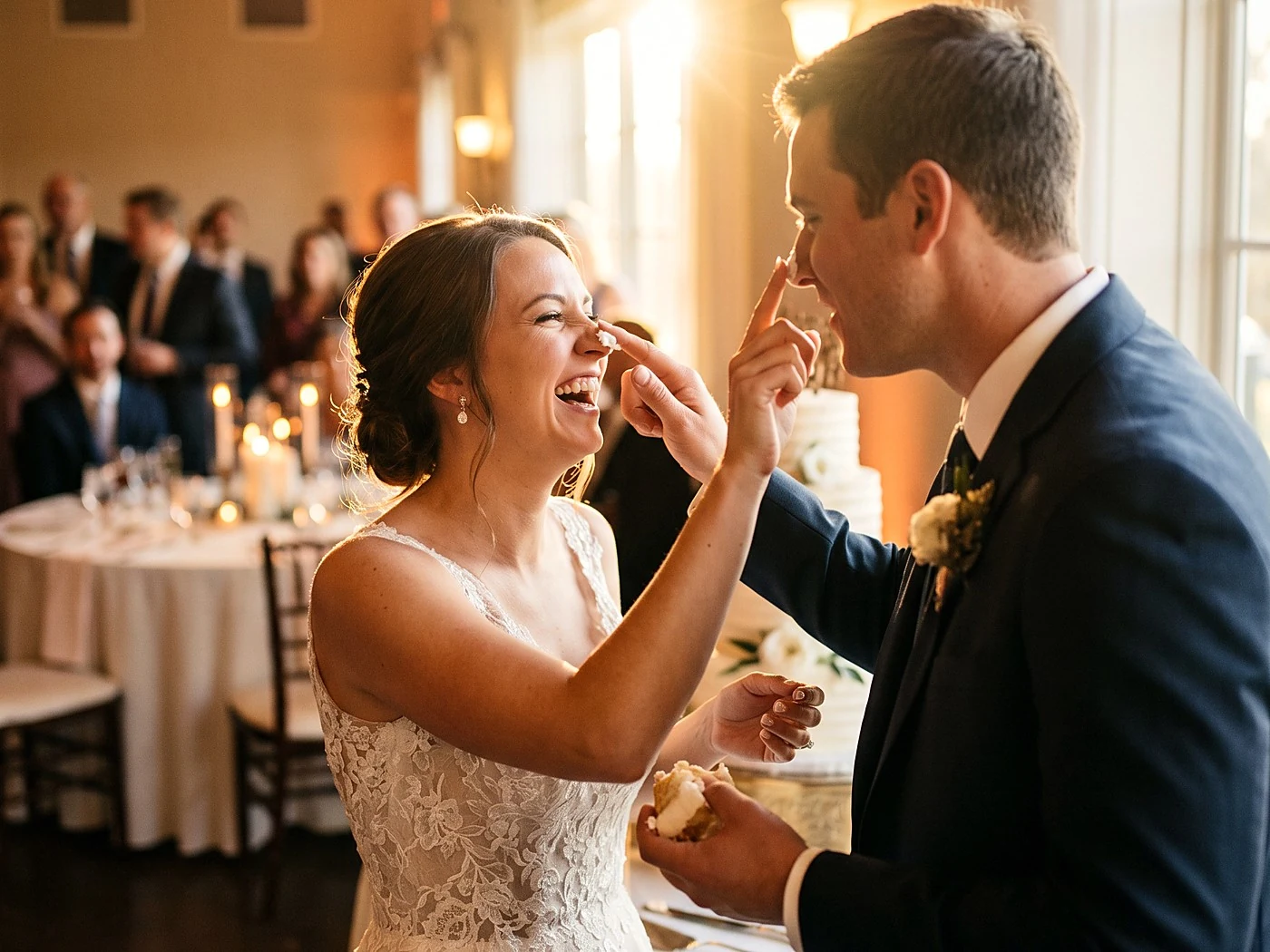 A bride laughing as the groom gets frosting on his nose during cake cutting, candlelit reception behind.