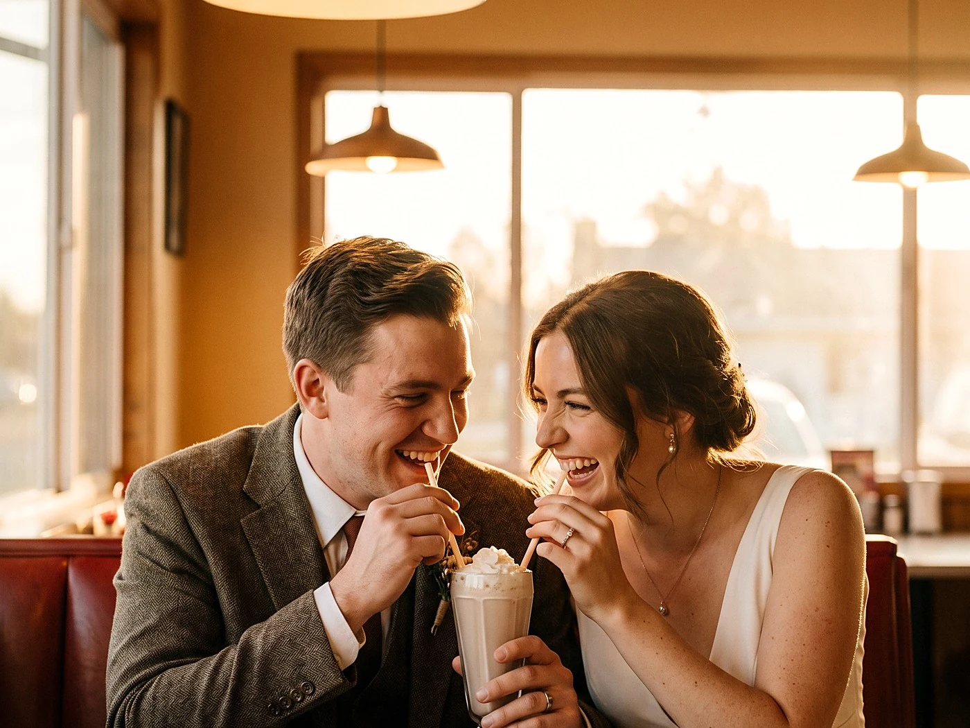 A couple squeezed in one side of a red diner booth splitting a milkshake, neon-free warm light.