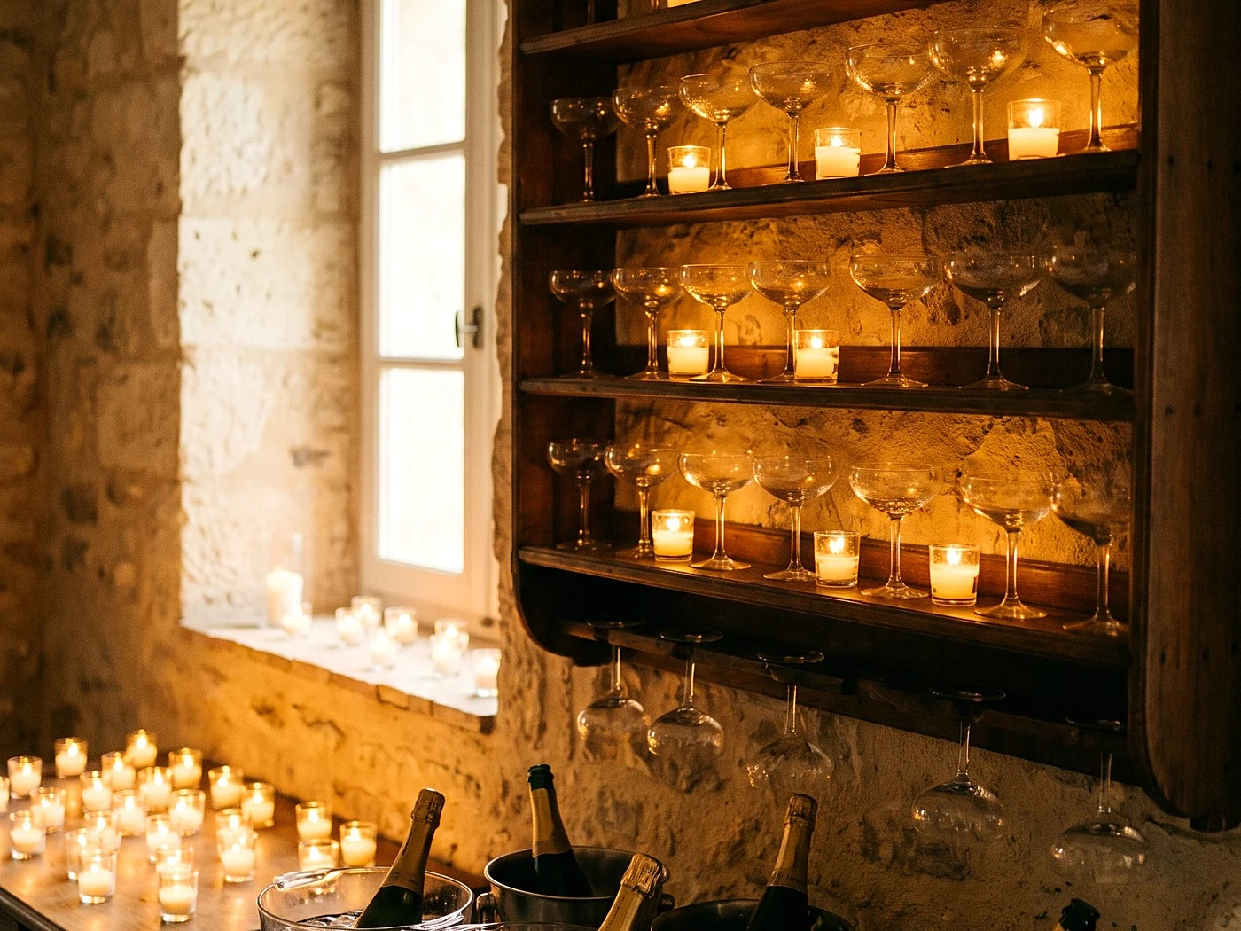 A wall rack of champagne coupes catching candlelight, bottles resting in ice below.
