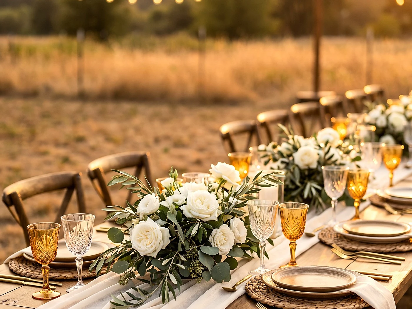 Long farm table in an open field at sunset, amber goblets and white roses.
