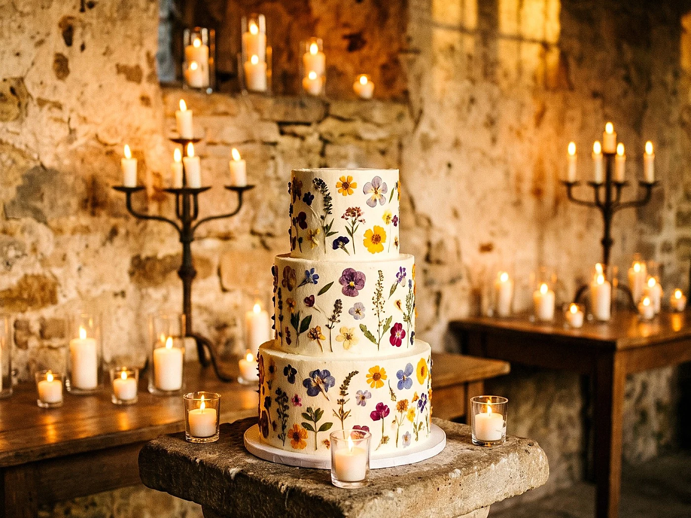 A three-tier white cake with pressed edible flowers on a stone pedestal, candlelit wall behind.