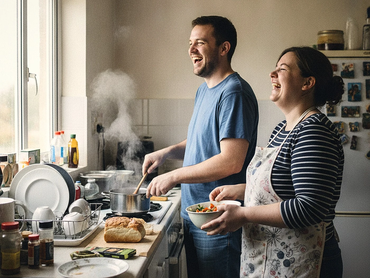 A regular couple laughing together in a home kitchen during their engagement session.
