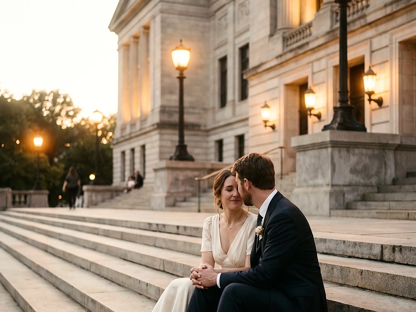 A couple sitting close on grand stone museum steps at closing time, warm lamps waking up.