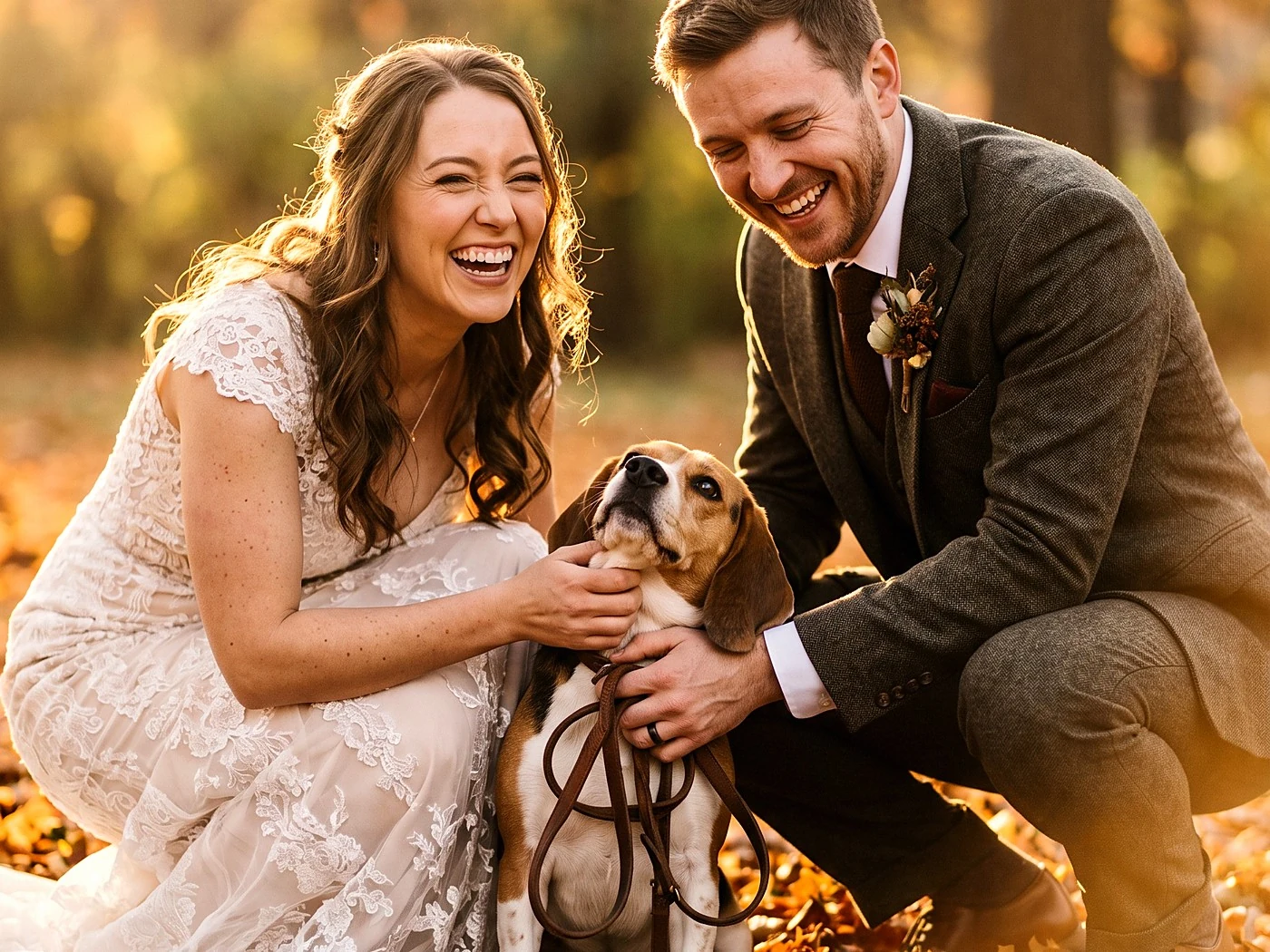 A couple crouched in fall leaves fussing over their beagle, leash tangled, both laughing.