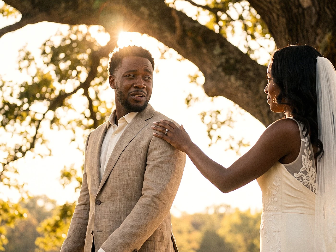 A Black couple's first look under a huge oak, groom in tan suit turning, bride in crepe gown touching his shoulder.