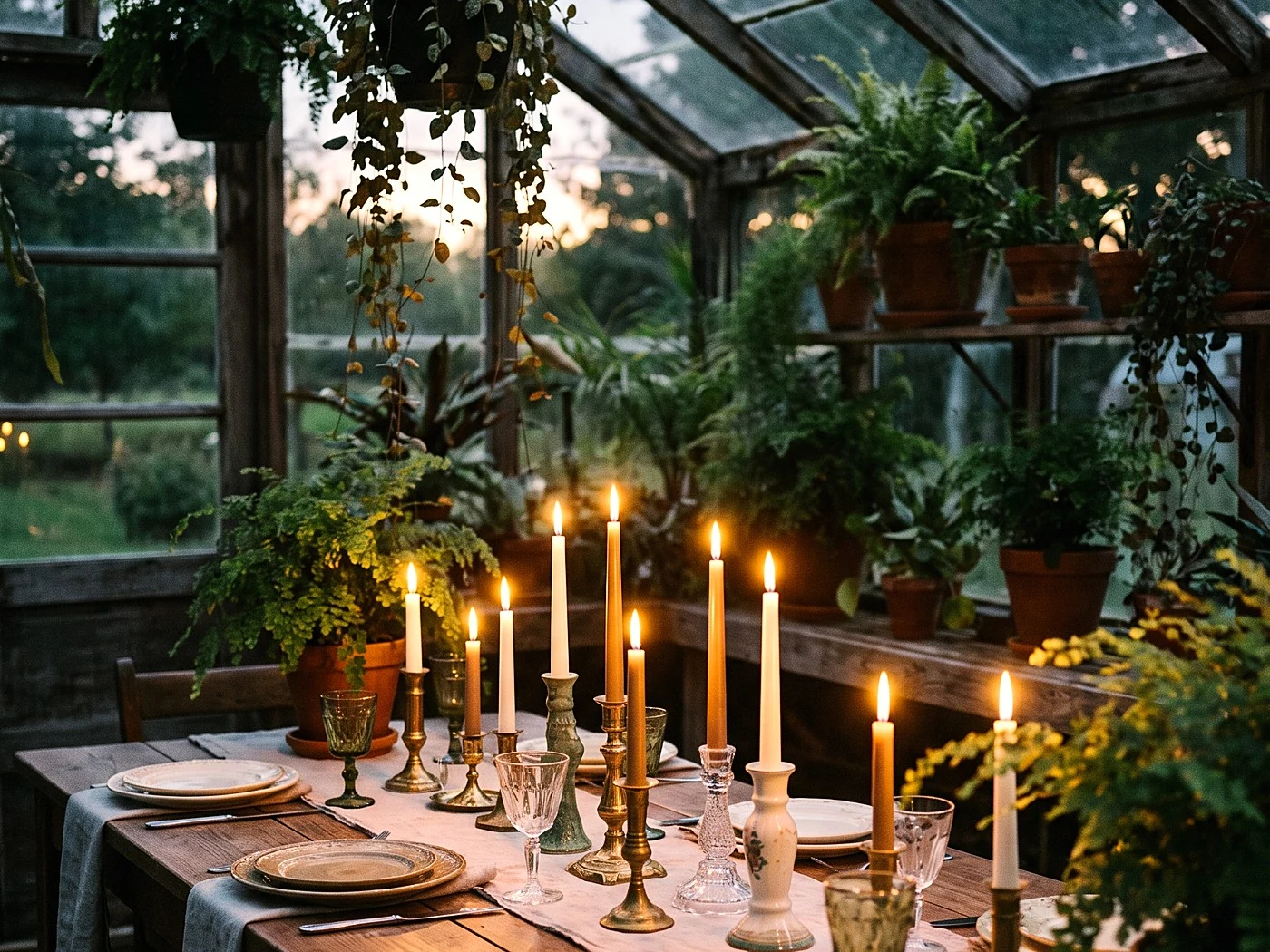 A greenhouse dinner table among potted ferns, mismatched candlesticks, dusk light.