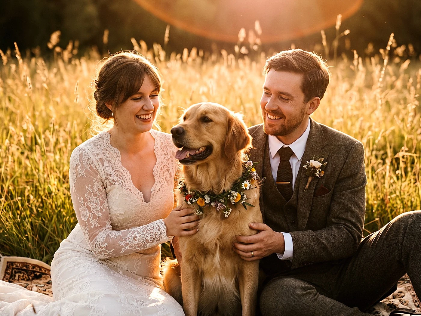 A golden retriever in a floral collar sitting between a couple in wedding attire in a meadow.
