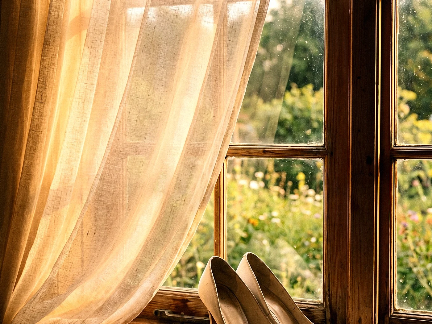 Ivory heels on a farmhouse windowsill, sheer curtain glowing, garden out of focus beyond.