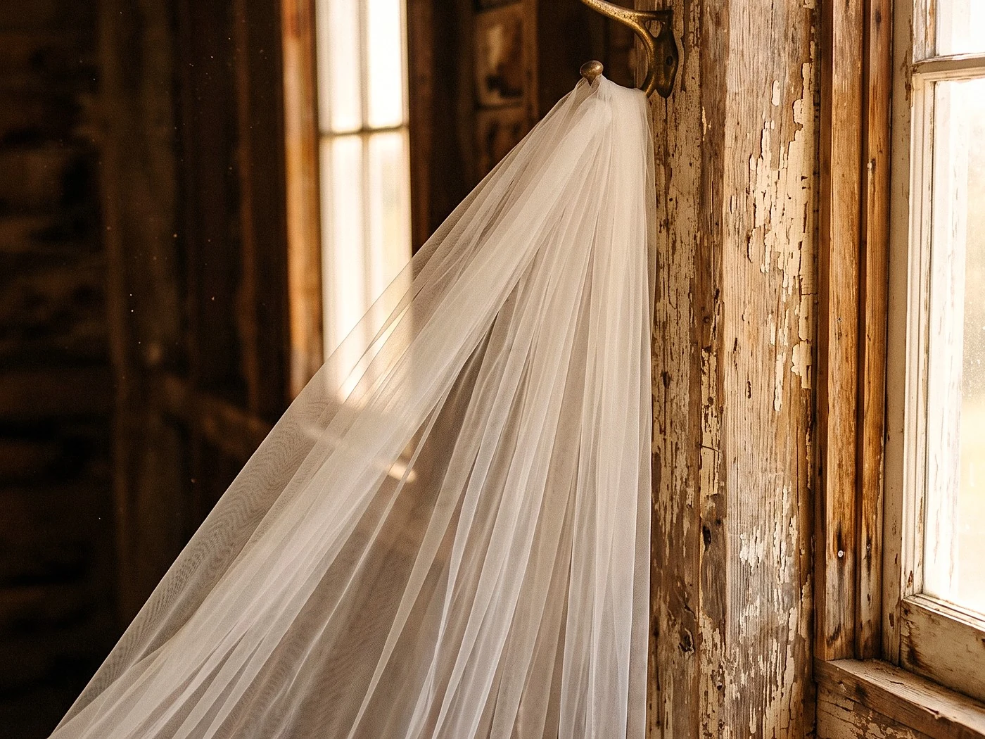A cathedral veil hanging from a brass hook against weathered barn wood, breeze lifting the tulle.