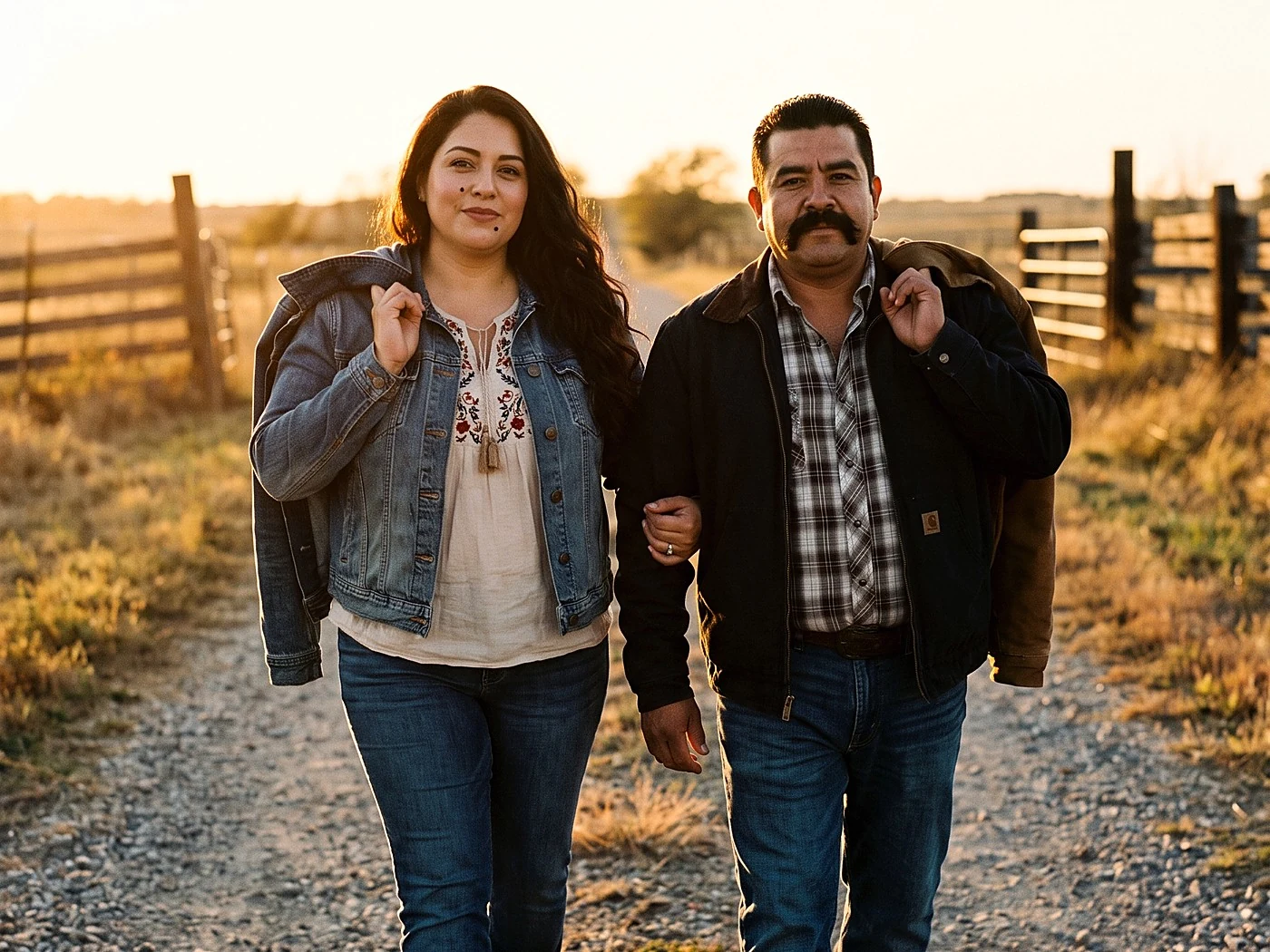 A Latino couple walking a gravel farm lane at sunset, jackets over shoulders, relaxed stride.