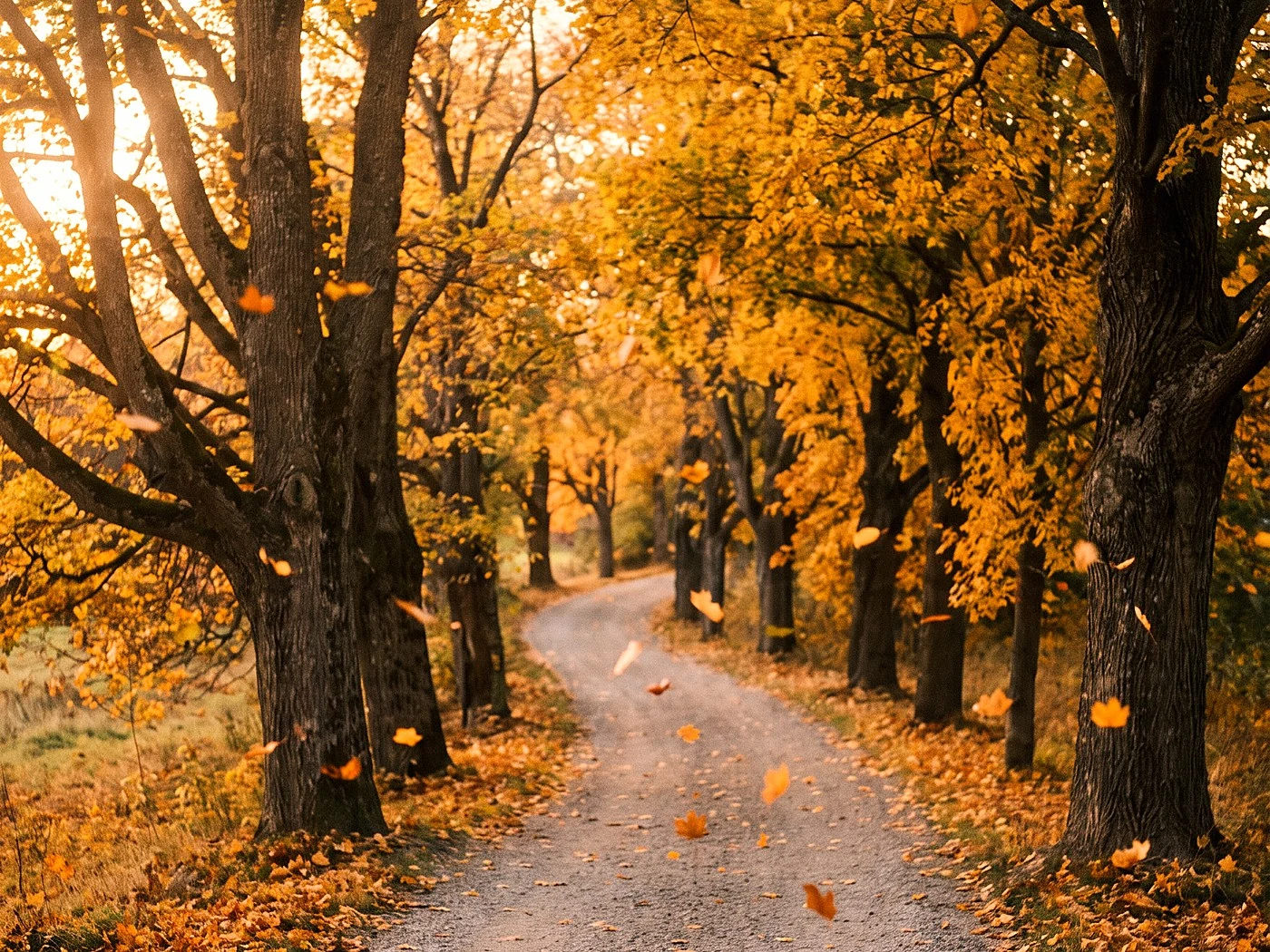 A tree-lined gravel lane in full autumn color, gold leaves drifting.