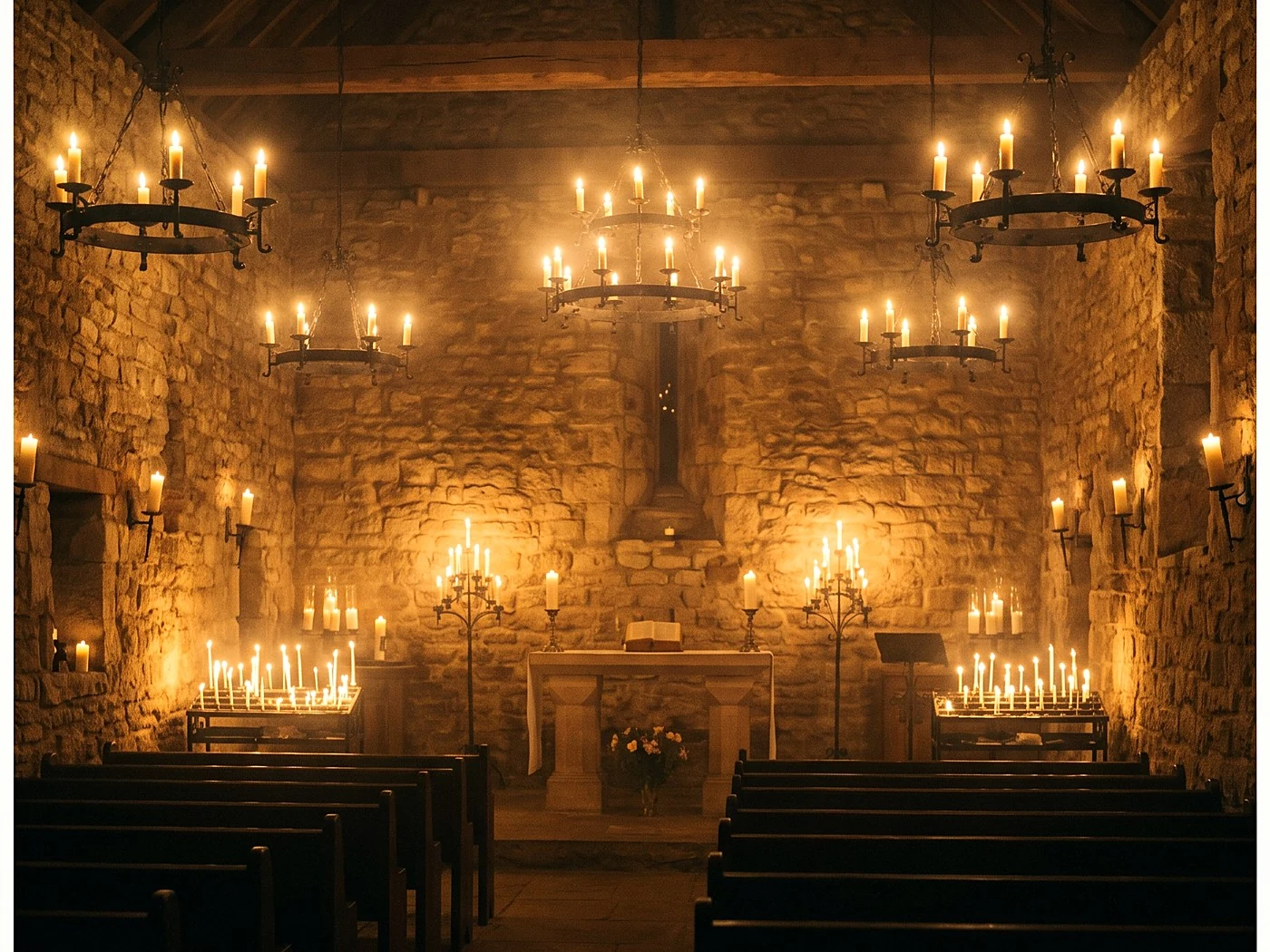 A small stone chapel interior lit entirely by candles, pews in shadow.