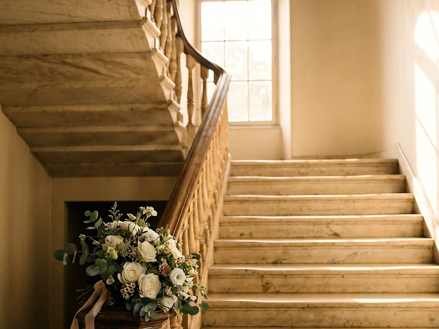 A sweeping marble staircase with a bouquet resting on the newel post, morning window light.