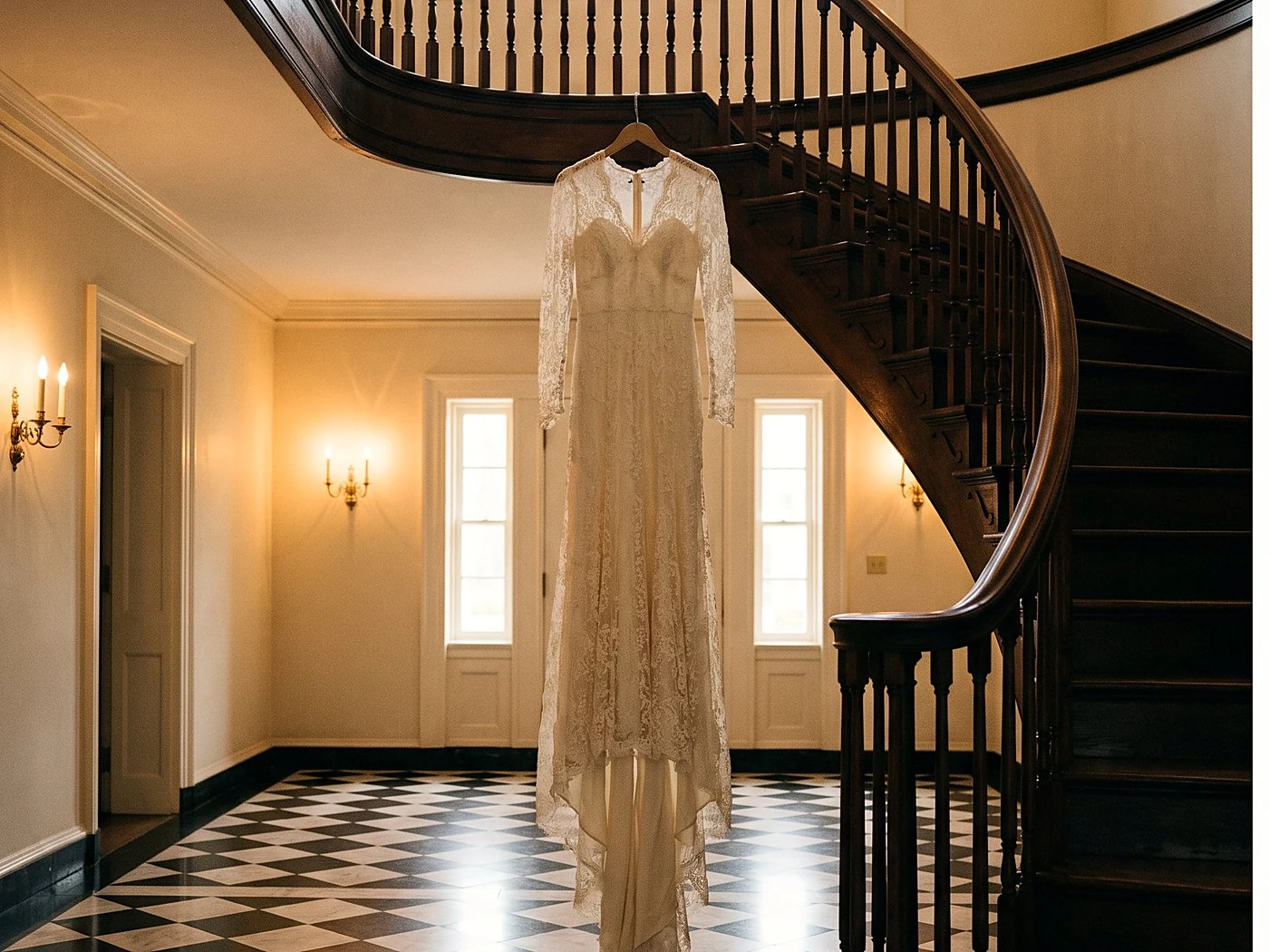 An ivory gown hanging from a curved banister above a black and white tiled foyer.