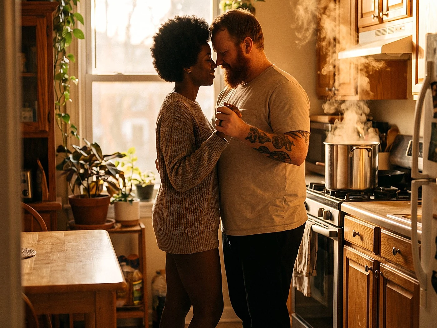 A couple slow dancing in their own kitchen in socks, evening window light, pasta pot steaming.