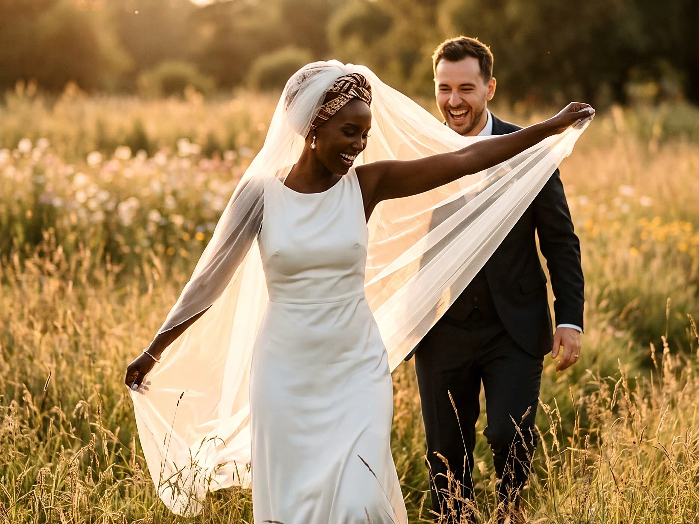 A bride running through a meadow holding her veil high, motion in the fabric, groom chasing behind laughing.