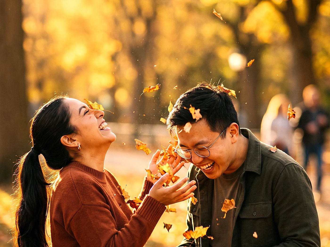 A couple mid leaf-fight in a park, leaves suspended around them, both cracking up.
