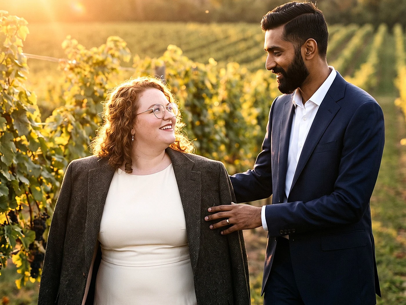 A couple walking vineyard rows at golden hour, his jacket over her shoulders.