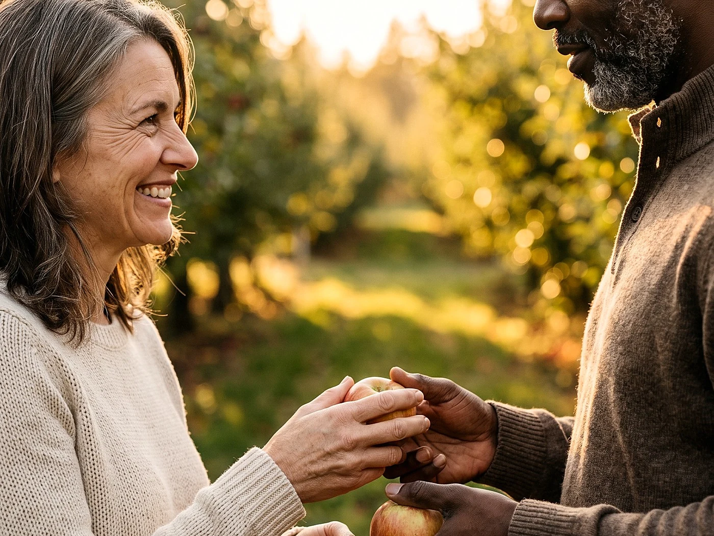 A couple in sweaters sharing apples from a basket in an orchard, golden light through the rows.