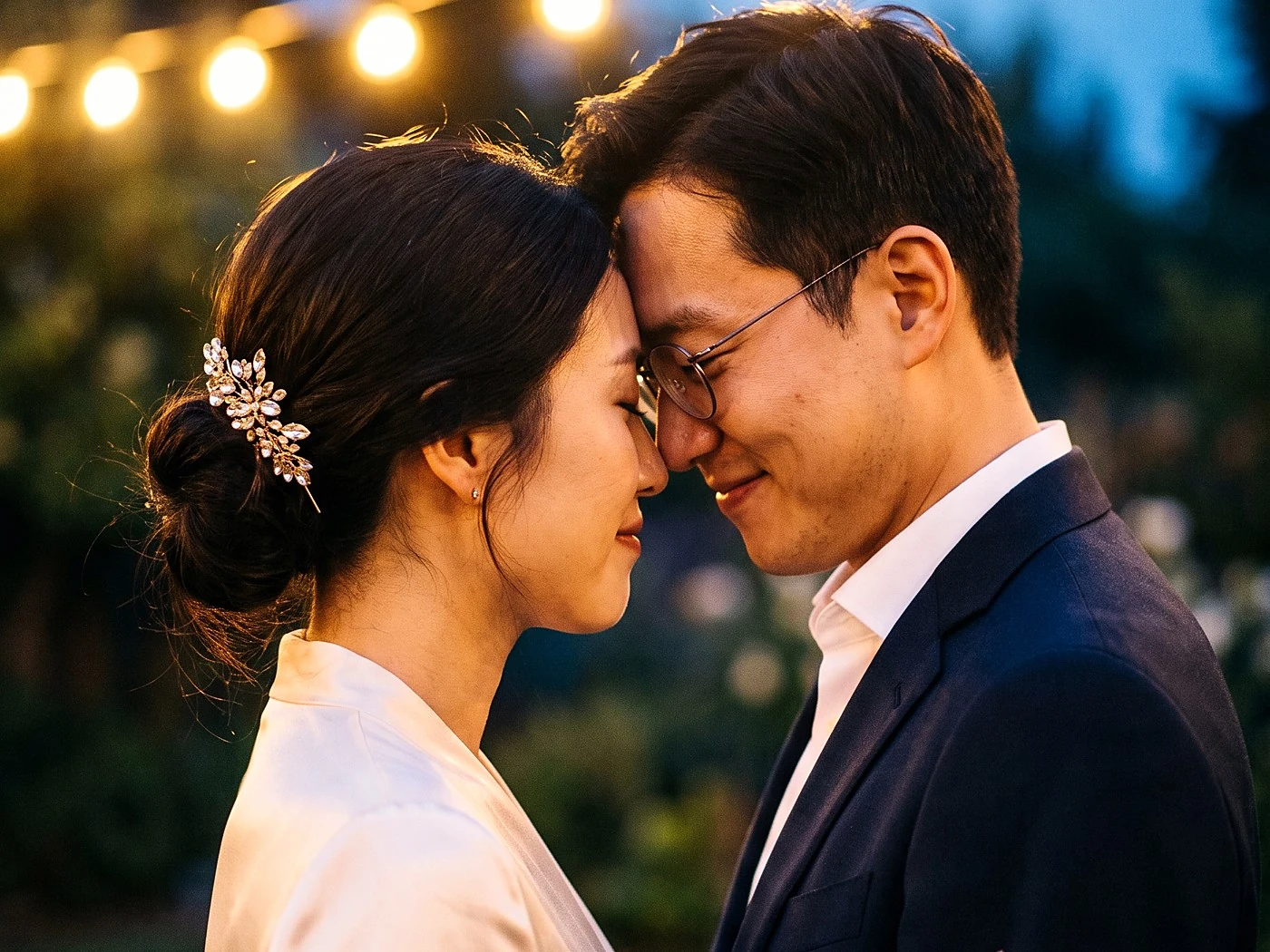 An East Asian couple at blue hour under warm string lights, foreheads touching, her jeweled hairpin catching light.