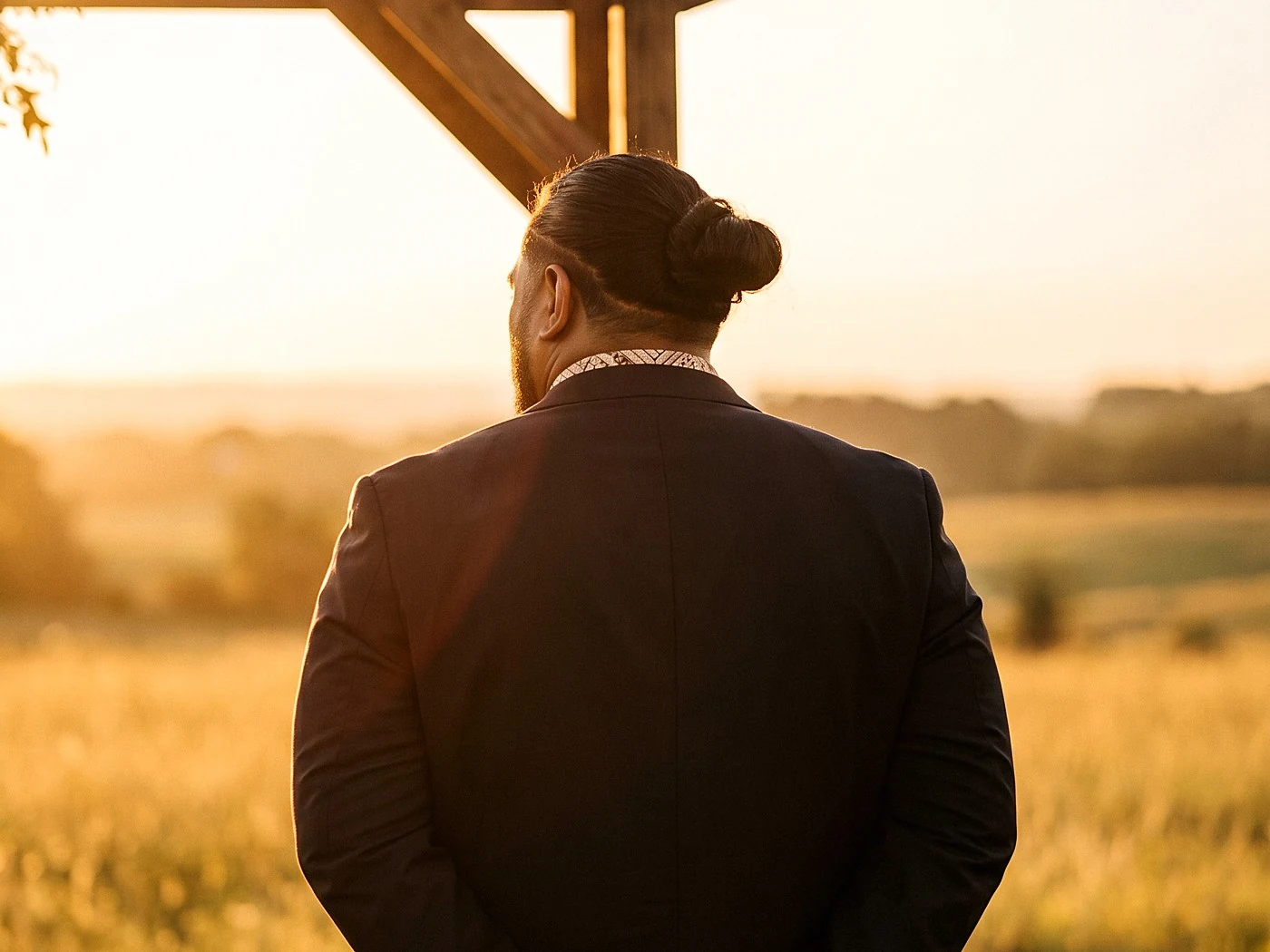 A groom waiting alone at the altar seen from behind, hands clasped, golden field ahead.