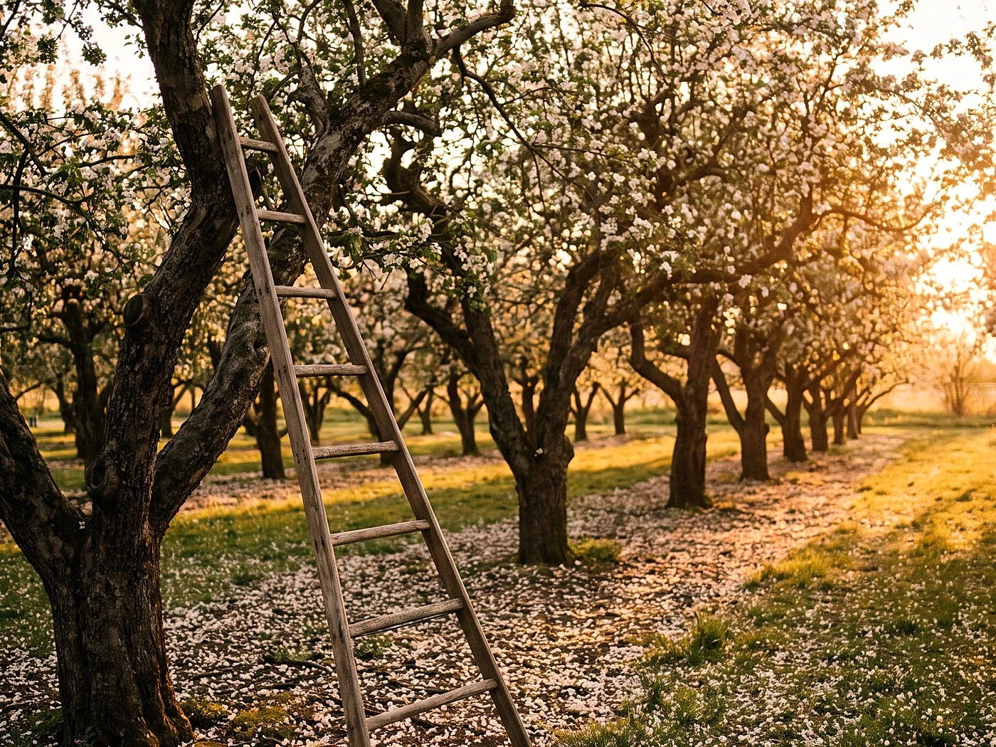 Apple orchard rows in golden evening light, petals on the grass, ladder against a tree.