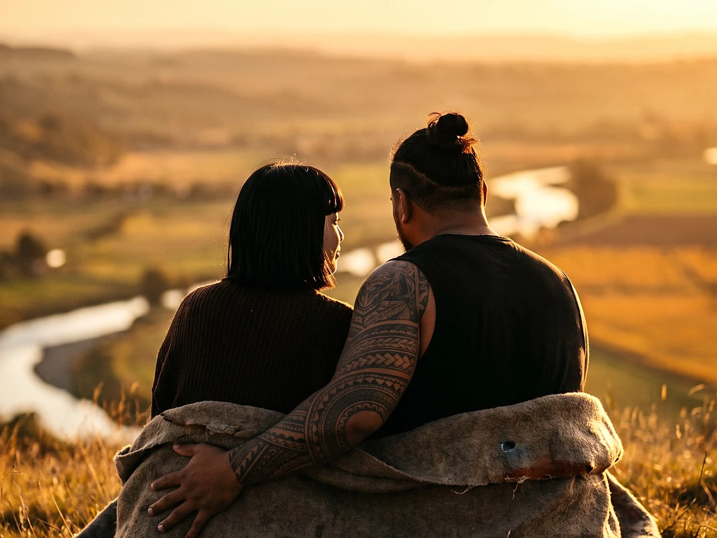 A couple under one blanket on a hilltop watching sunset, backs to camera, valley gold below.