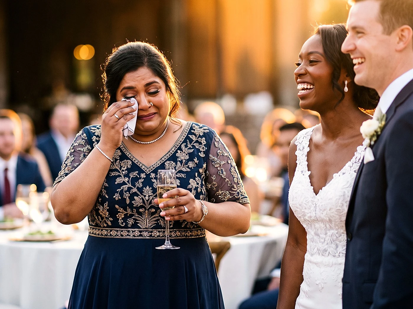 A maid of honor mid-toast wiping a tear while the couple laughs, warm reception light.