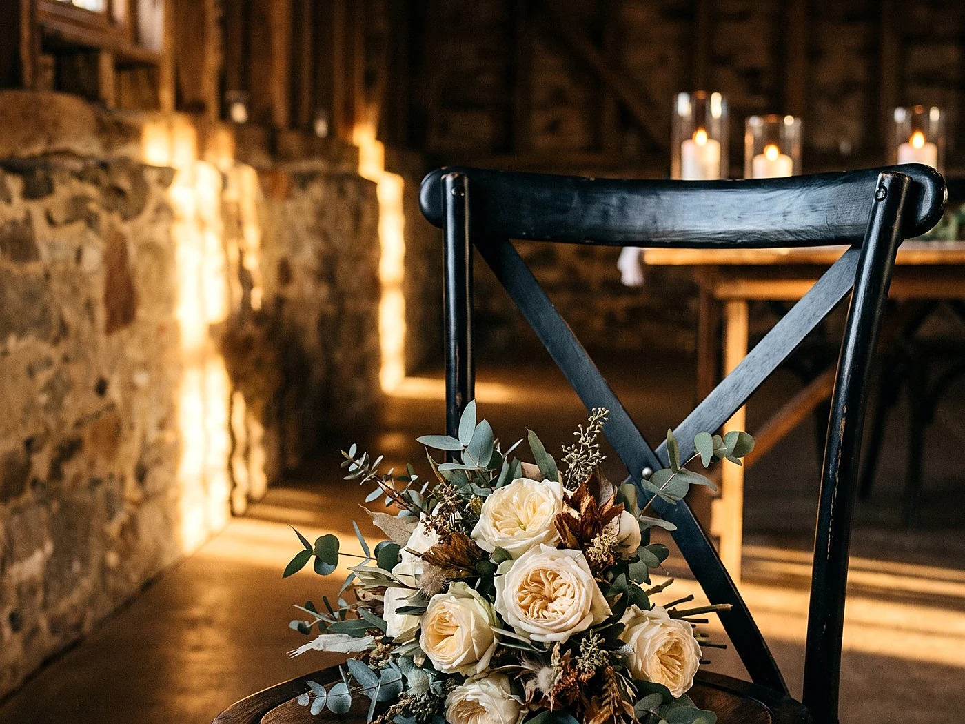 A loose eucalyptus and cream rose bouquet on a black cross-back chair, long shadows.