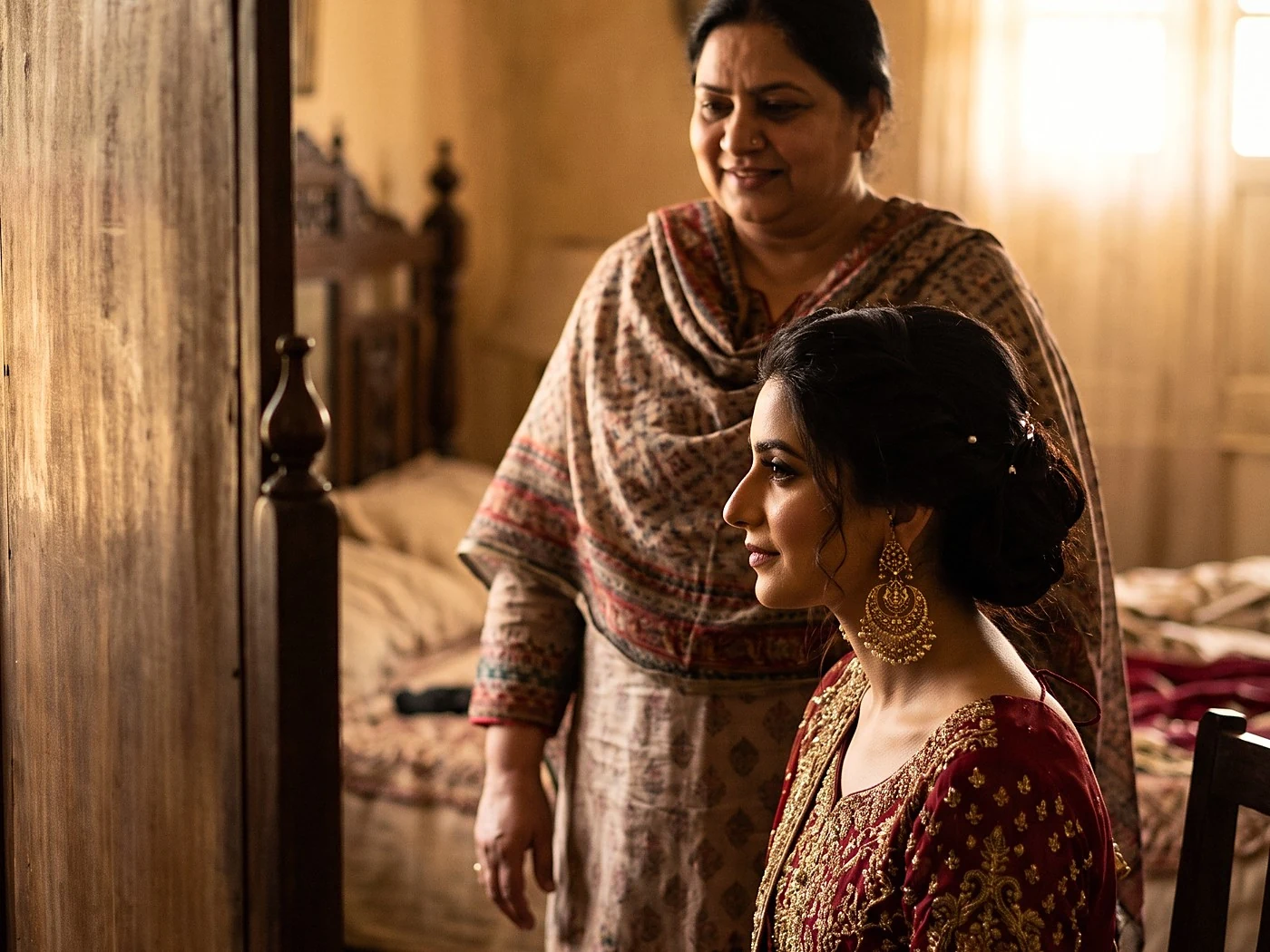 A bride checking her earring in an antique mirror, mother watching from the doorway, soft morning light.