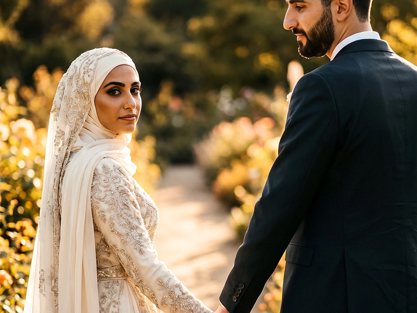 A couple in elegant modest wedding attire, she in an embellished hijab and gown, walking a golden garden path.