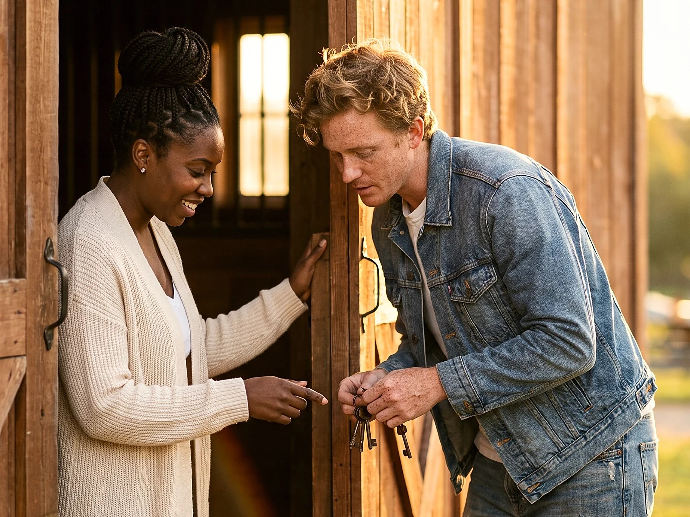 An engaged couple in jeans peeking into the barn venue they just booked, keys in hand, evening light.