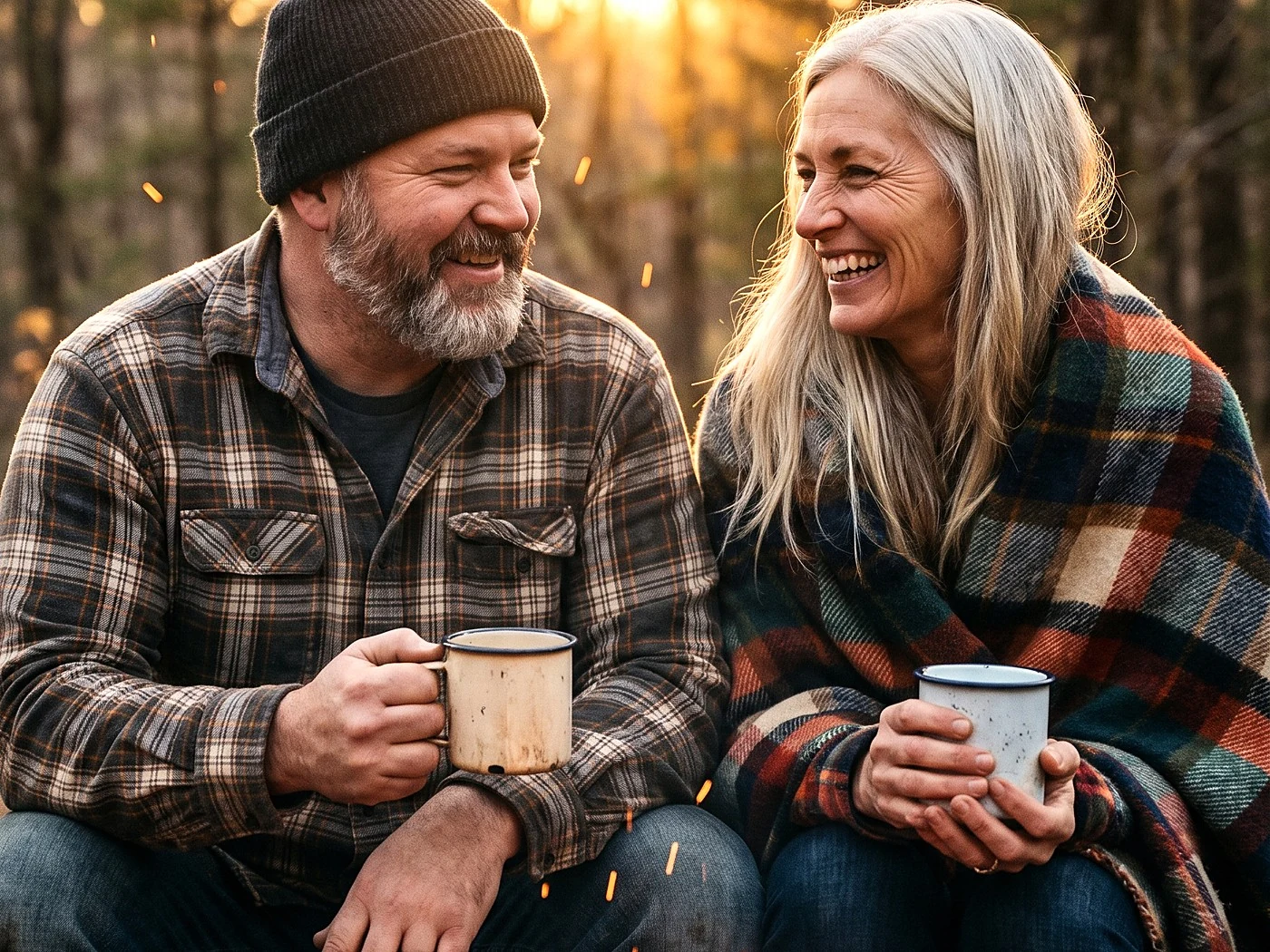 A couple wrapped in flannel by a small campfire at dusk, enamel mugs, sparks rising gently.