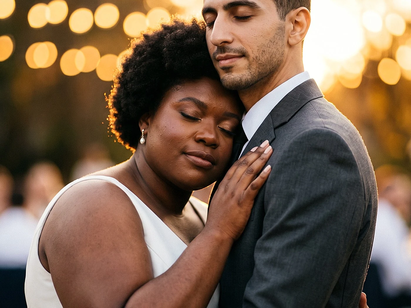 Close frame of a first dance, her cheek on his chest, eyes closed, bulbs melting into bokeh.