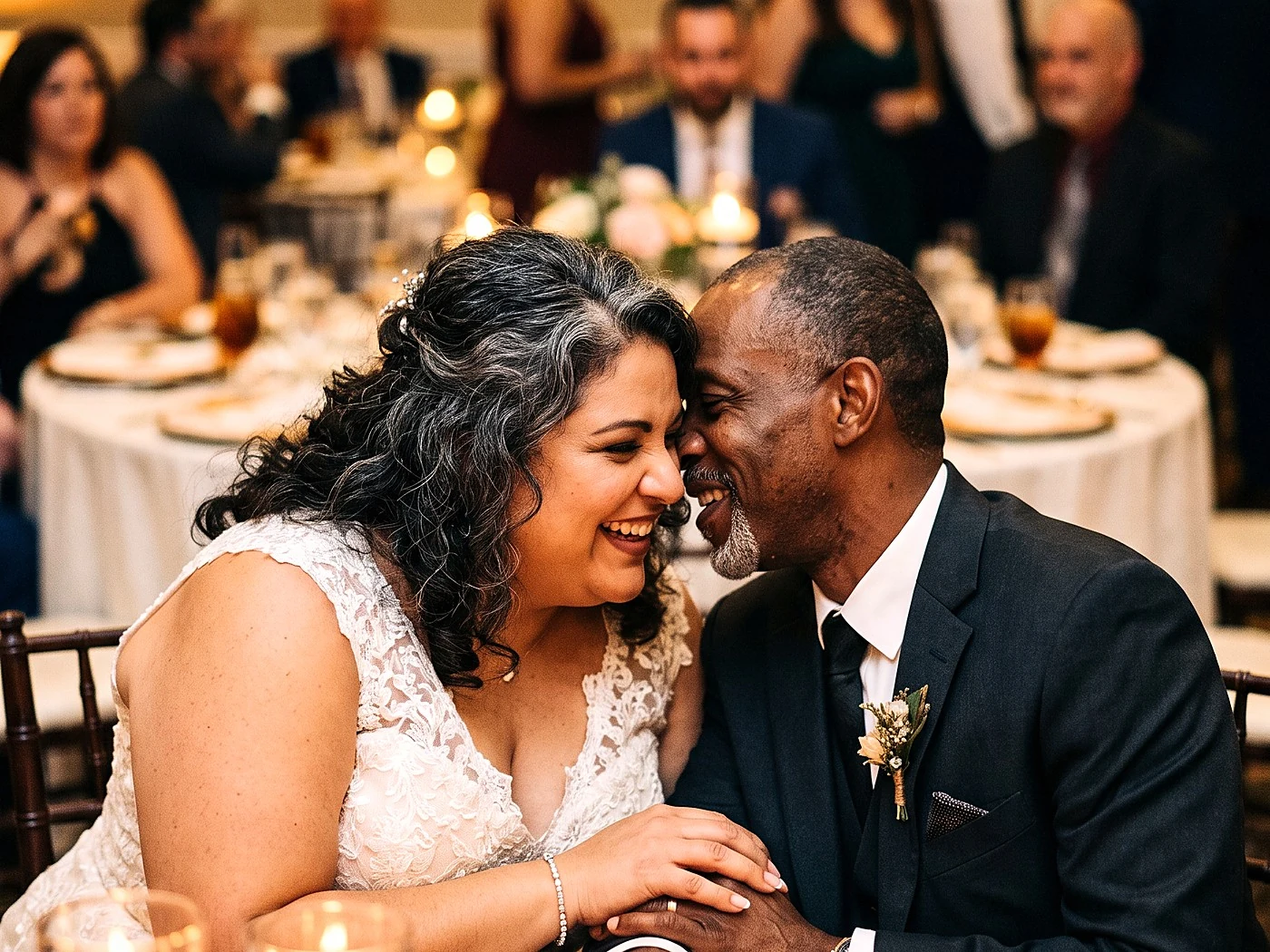 A bride and groom alone at their sweetheart table sharing a whispered joke, candles low, guests blurred far behind.