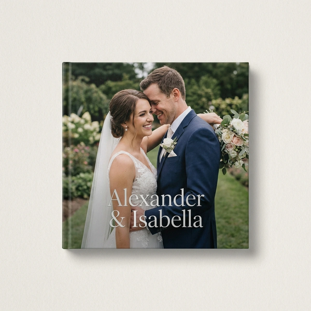 12x12 hardcover heirloom wedding album with gold foil names, Cleveland wedding photographer