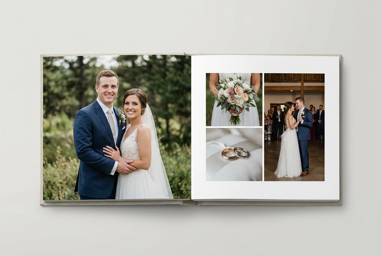 Lay-flat album open to a hand-designed storytelling spread