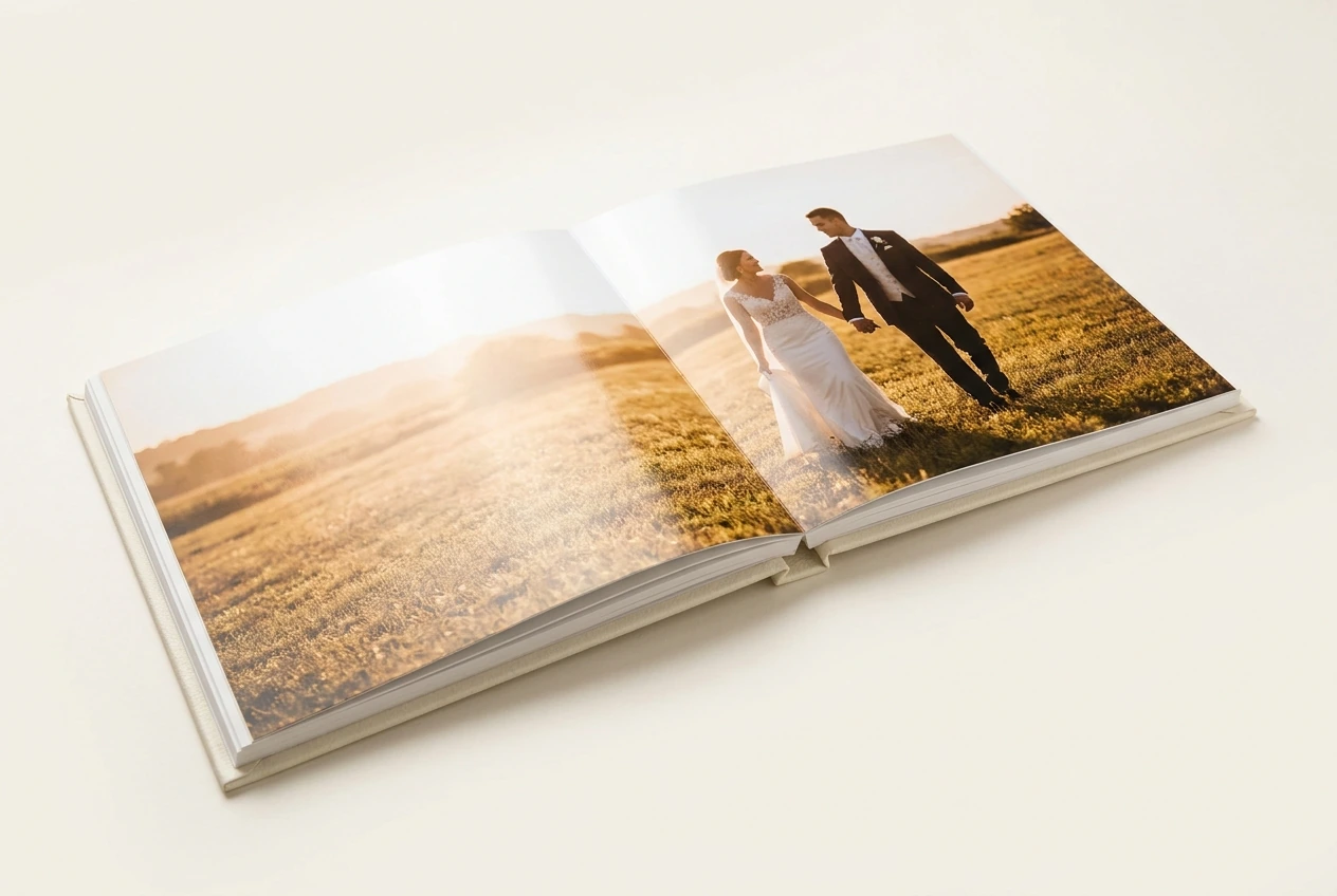 A single wedding image printed 24 inches wide across a lay-flat spread