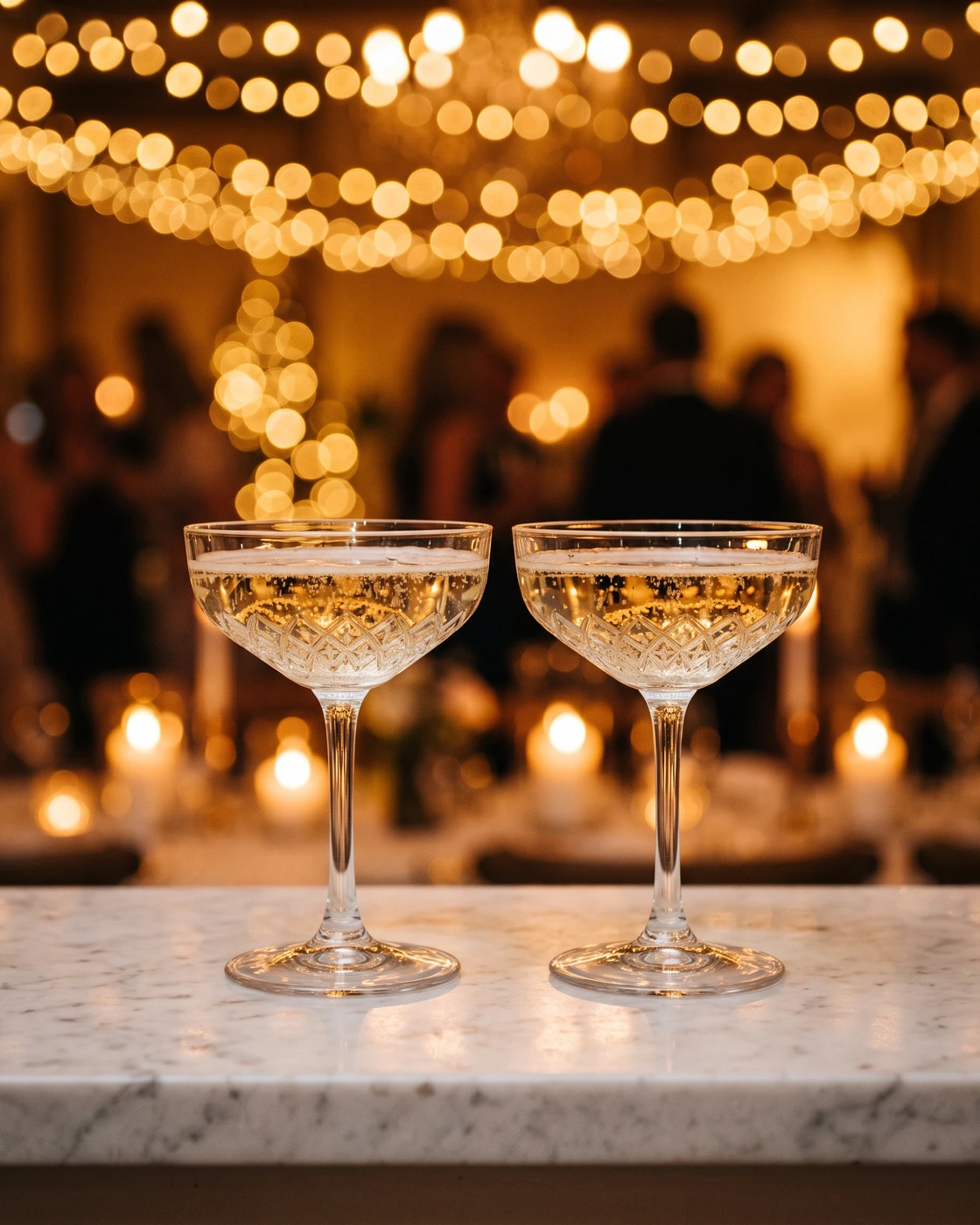Champagne coupes at a Cleveland Arcade wedding reception