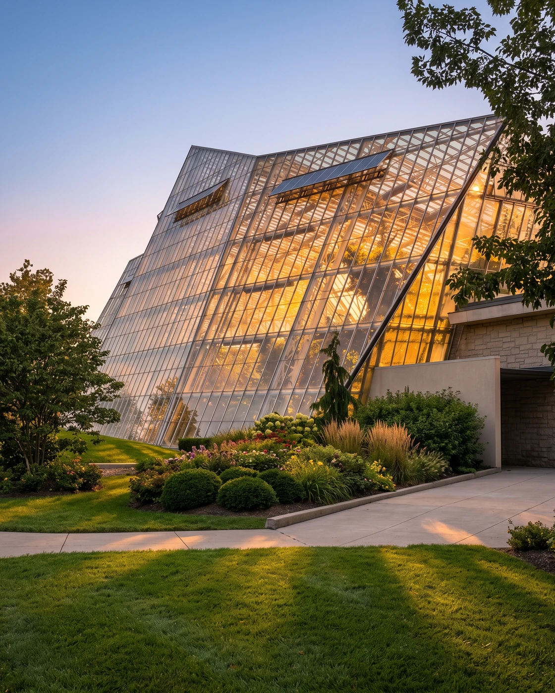 The Eleanor Armstrong Smith Glasshouse at Cleveland Botanical Garden at golden hour, a Cleveland wedding venue