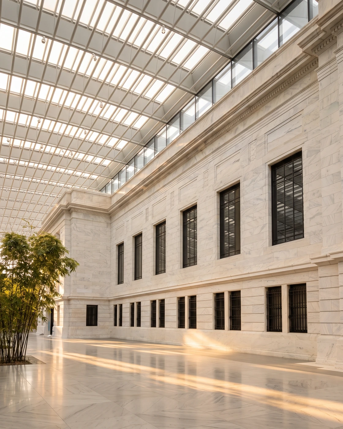 The glass-roofed Ames Family Atrium at the Cleveland Museum of Art at golden hour, a Cleveland wedding venue