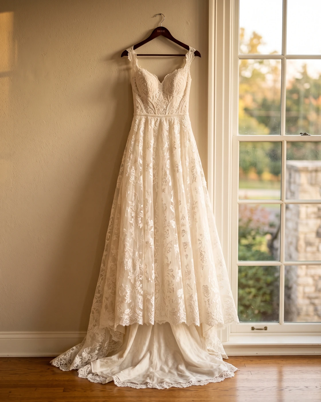 Ivory lace wedding gown in golden window light, Cleveland Museum of Art wedding photographer