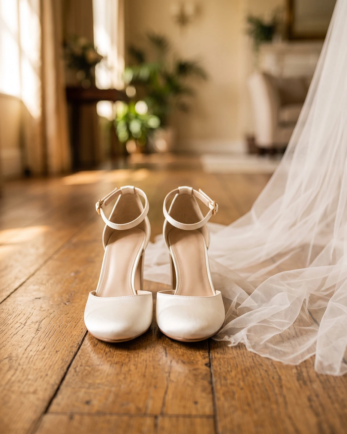 Bridal heels and a veil in warm light, Glidden House Cleveland wedding photographer