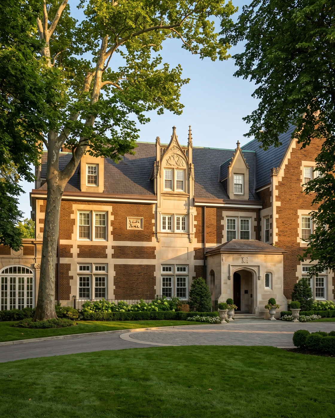 The 1910 French Gothic facade of Glidden House at golden hour, a University Circle Cleveland wedding venue