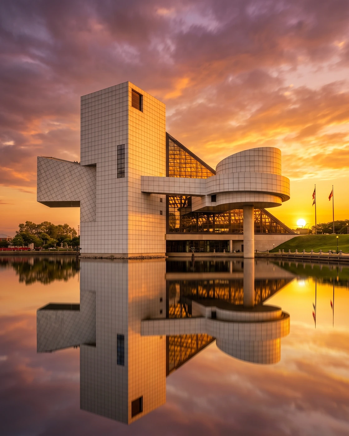I.M. Pei's glass pyramid at the Rock and Roll Hall of Fame at sunset, a downtown Cleveland lakefront wedding venue