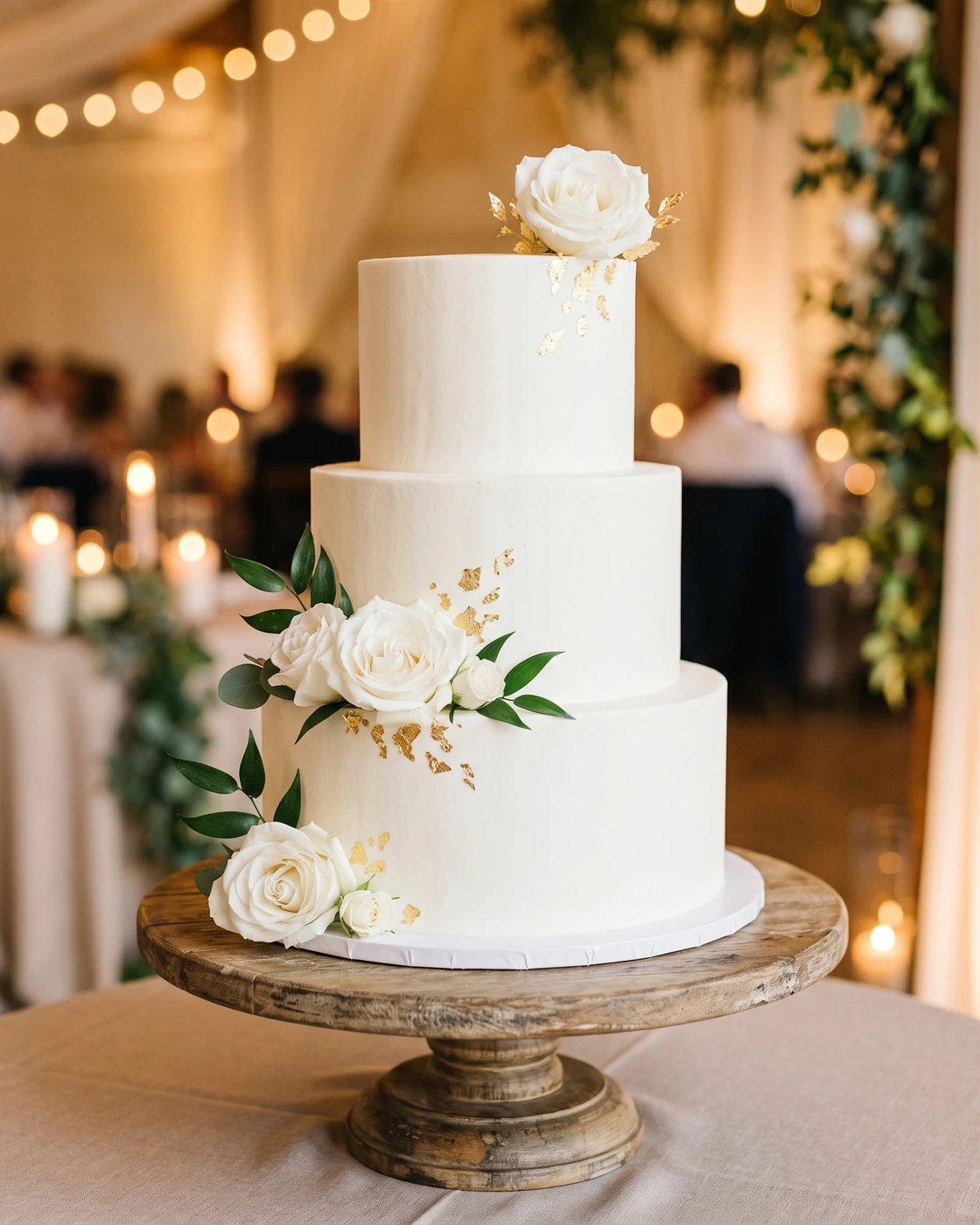 Three-tier wedding cake with gold leaf, Severance Hall Cleveland wedding photographer