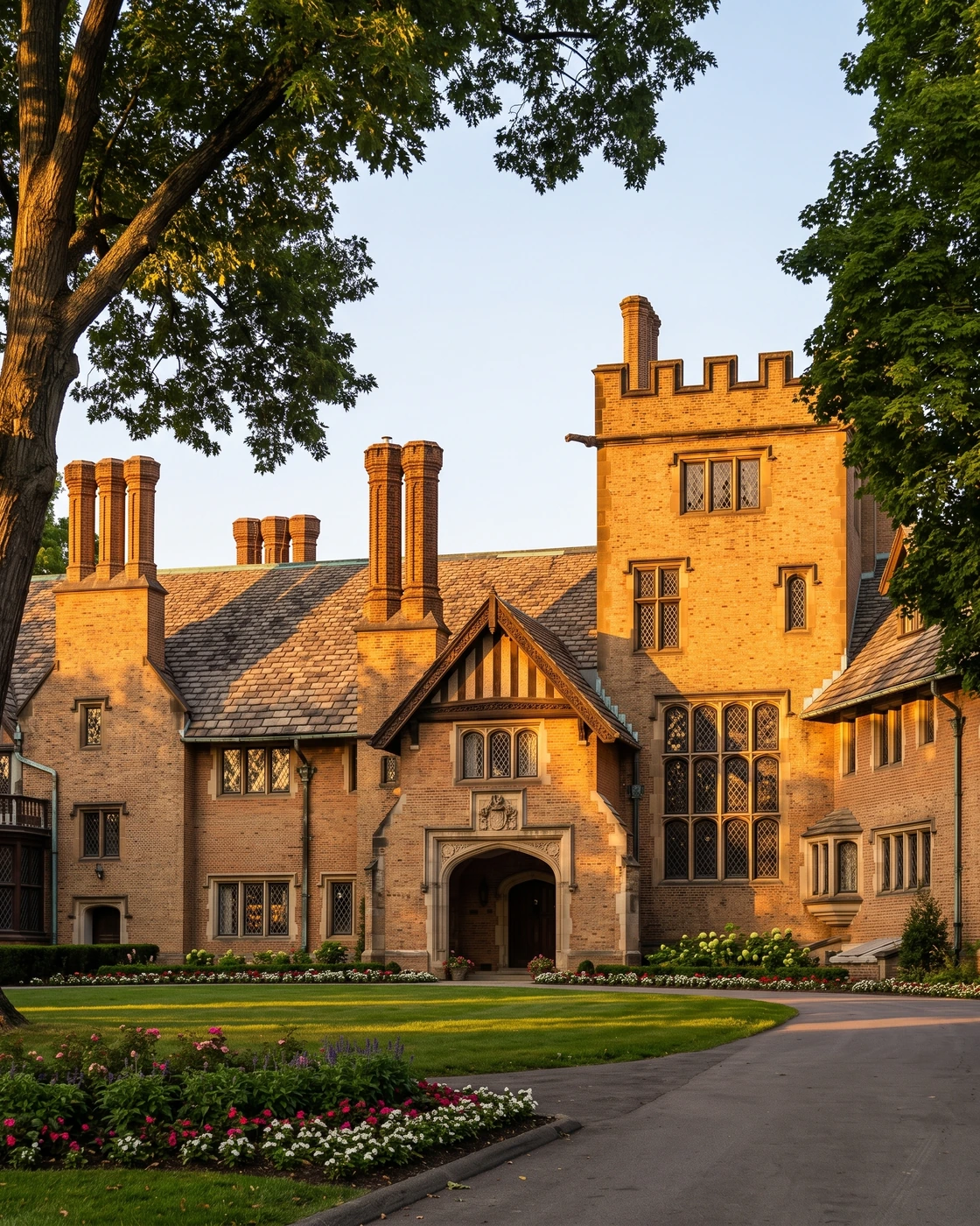 Stan Hywet Hall Tudor manor at golden hour, an Akron Cleveland-area wedding venue